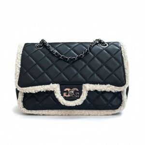 Gilda Paris Black Quilted Fur Baguette Faux Leather Shearling Trim‎ Shoulder Bag